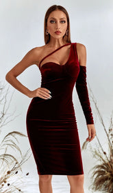 VESTIDO MIDI DE TERCIOPELO DE UN SOLO HOMBRO ROJO VINO