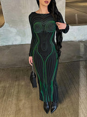 Vestido largo estampado de manga larga con cuello redondo, ajustado y sin espalda