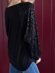 Sequin Stitching Round Neck Raglan Long Sleeve T-Shirt