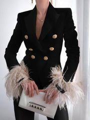 Fashion Print Button Long Sleeve Feather Blazer