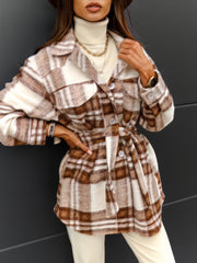 Checked Belted Two-Tone Pocket Button Woolen Coat