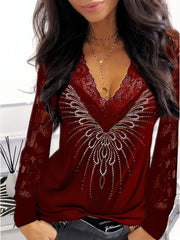 Langärmliges T-Shirt mit V-Ausschnitt und Spitzendruck