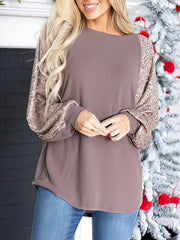 Sequin Stitching Round Neck Raglan Long Sleeve T-Shirt