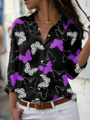 Butterfly Print Button Long Sleeve Blouse