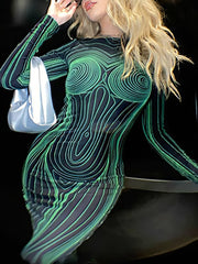 Vestido largo estampado de manga larga con cuello redondo, ajustado y sin espalda