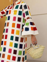 Multicolor Plaid Flared Long Sleeve Dress