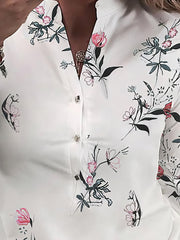 Flower V-Neck Button Long Sleeve Blouse