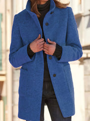 Vintage Solid Button Stand Collar Woolen Coat
