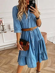 Lapel Button Pocket Denim Shirt Dress