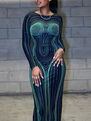 Vestido largo estampado de manga larga con cuello redondo, ajustado y sin espalda