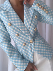 Double Breasted Plaid Tweed Blazer