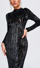 ZEBRA-PATTERN LONG-SLEEVED MIDI DRESS IN BLACK