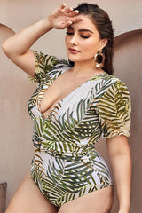 Green Leaf Print One Piece Plus Size Swimsuit