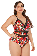 Einteiliger Badeanzug in Übergröße mit rotem Blumenmuster