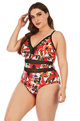 Einteiliger Badeanzug in Übergröße mit rotem Blumenmuster