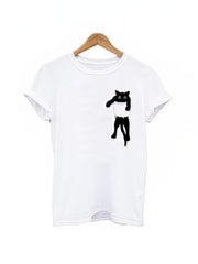 Pocket Cat T-Shirt Damen Süßes Schwarzes Kätzchen