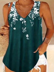 Plus Size Casual Top, Women's Plus Floral Print V Neck Slight Stretch Tank Top