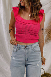 Rosafarbenes kurzes Strick-Tanktop mit Rüschenausschnitt