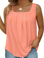 Plus Size Casual Tank Top, Women's Plus Solid Square Neck Slight Stretch Pleated Tank Top