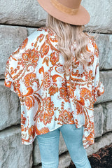 Orangefarbenes, drapiertes Overlay-Top mit offenem Vorderteil und Rüschen im Paisley-Print