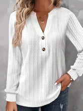 Plus Size Casual Top, Women's Plus Solid Cable Long Sleeve Button Decor V Neck Slight Stretch Top