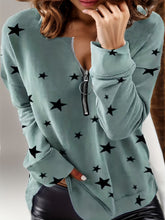 Lässiges Oberteil in Übergröße, Damen-Oberteil mit Stern-Print, Reißverschluss, langen Ärmeln, Rundhalsausschnitt, leicht dehnbar