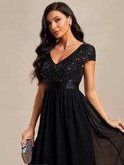 Empire Waist V-Neck Cap Sleeve Chiffon Evening Dress