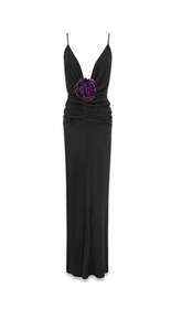 SCHLANK MAXI-KLEID AUS POLYESTER MIT BLUMENMUSTER UND RÜSCHEN IN SCHWARZ