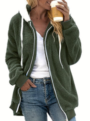 Plus Size Cute Coat, Women's Plus Colorblock Zip Up Long Sleeve Drawstring Hooded Teddy Coat