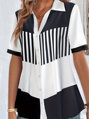 Plus Size Casual Blouse, Women's Plus Colorblock Stripe Button Up Short Sleeve Polo Neck Slight Stretch Blouse
