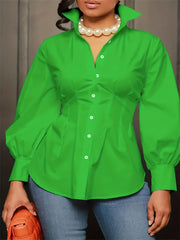 Plus Size Casual Blouse, Women's Plus Solid Button Up Lantern Sleeve Turn Down Collar Nipped Waist Blouse