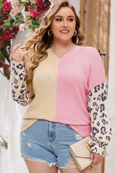 Rosa, Plus-Size-Oberteil aus Waffelstrick mit Leopardenärmeln und Farbblockdesign