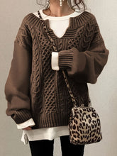 Lässiger Pullover in Übergröße, Damen-Pullover aus einfarbigem Jacquard mit langen Ärmeln, gekerbtem Ausschnitt und leichtem Stretch