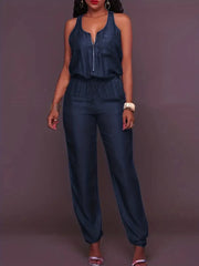 Elastic Waistband Bloomer-Style Zip-Front Sleeveless Denim Jumpsuit