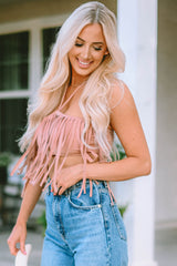 Rosa Bandeau-Crop-Tanktop mit Quaste und Kordelzug