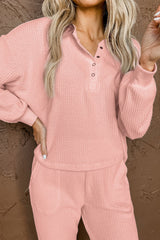 Conjunto de ropa de estar por casa de manga larga de punto gofre térmico rosa