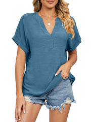 Camiseta de gasa holgada de manga corta con cuello en V y color liso