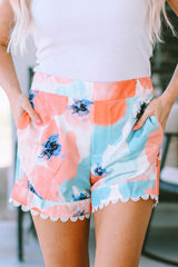 Rosa Shorts mit abstraktem Wassermarmor-Print und Spitzenbesatz