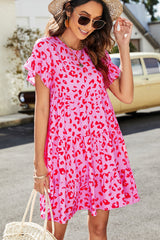 Pink Leopard Print Ruffle Short Sleeve Tiered Dress
