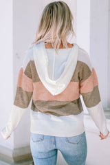 Rosafarbener Strickpullover mit Kapuze und Kordelzug im Farbblockdesign