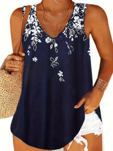Plus Size Casual Top, Women's Plus Floral Print V Neck Slight Stretch Tank Top