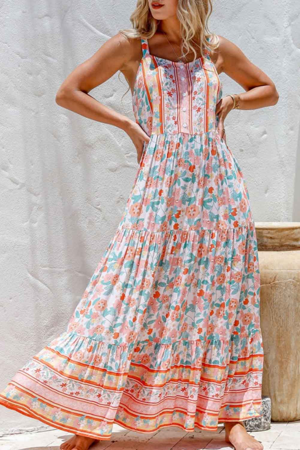 Orange Boho Floral Print Sleeveless Tiered Maxi Dress