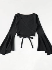 Bell Sleeve Self-Tie Crop Top