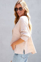 Rosafarbenes, langärmliges, ausgefranstes Oberteil aus Waffelstrick mit V-Ausschnitt