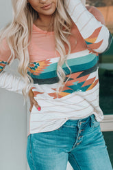 Rosa, schmal geschnittenes Langarm-Oberteil mit Aztekenstreifen und Farbblockdesign