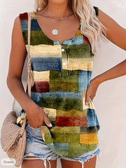 Plus Size Casual Tank Top, Women's Plus Patchwork Print Medium Stretch Henley Tank Top