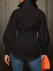 Lässige Bluse in Übergröße, Damenbluse in Übergröße mit einfarbiger Knopfleiste, Laternenärmeln und Umlegekragen und enger Taille