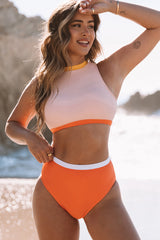 Orangefarbener Bikini mit Cut-Out und Reißverschluss in Blockfarben