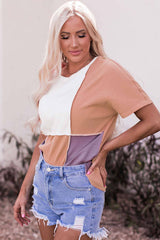 Oranges, kurzärmliges Rippstrick-Top mit Colorblock-Nähten