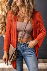 Orange Hollow-out Knit Kimono Lightweight Cardigan